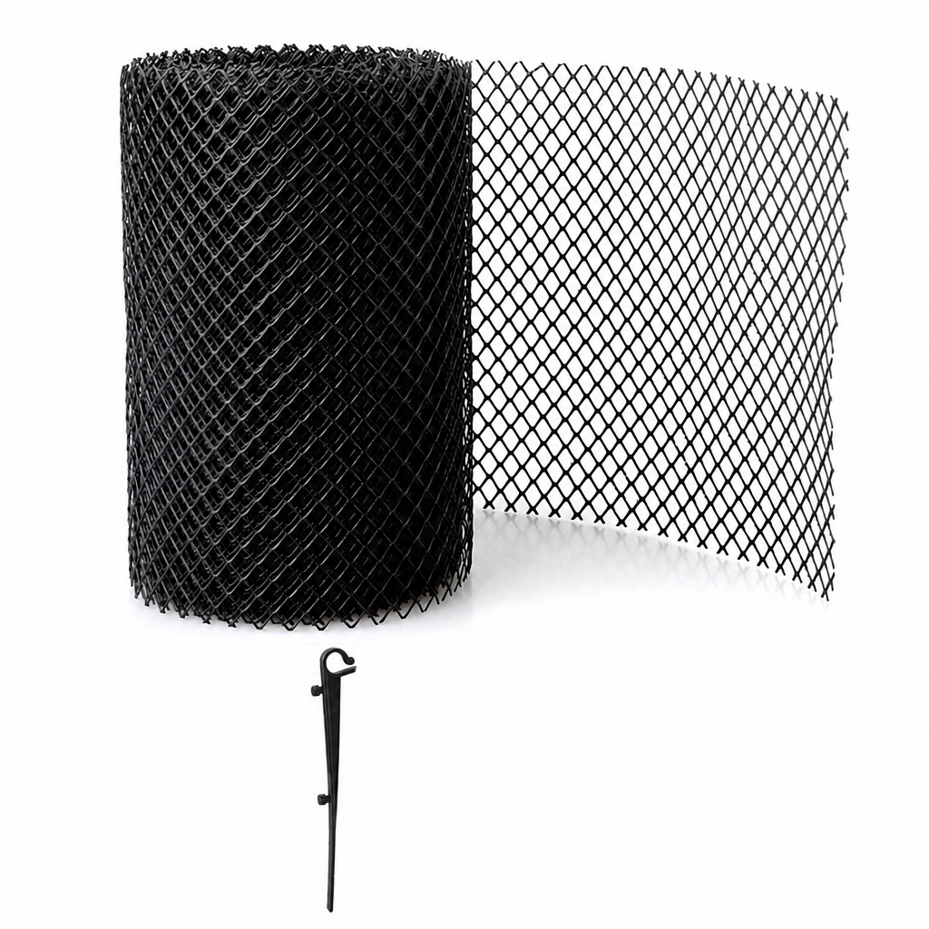 Thickened Plastic Gutter Guard Mesh Roll 15cm x 6m Leaf Filter Net with 10 Fixing Pegs for Roof Eaves Protection