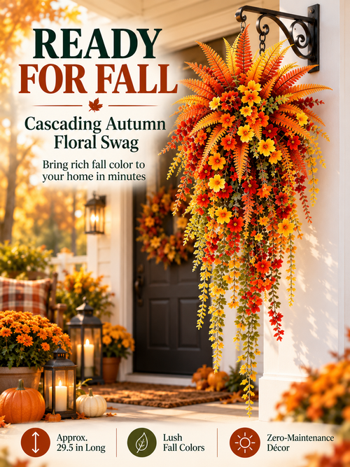 🍂 Cascading Autumn Floral Swag – Lush Fall Porch & Entryway Hanging Décor