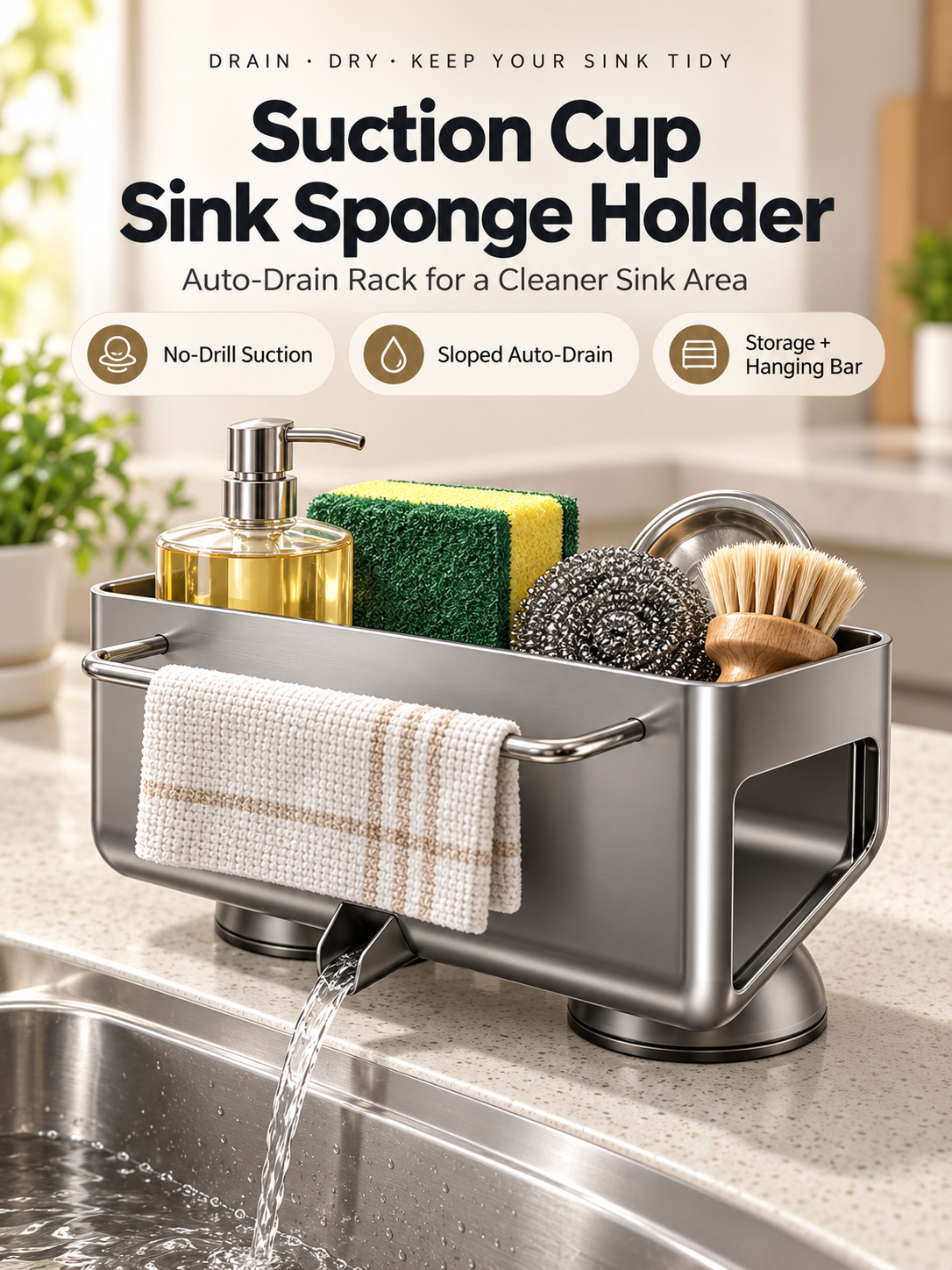 🧽 Auto-Draining Sink Sponge Holder – No-Drill Suction Cup Kitchen Organizer