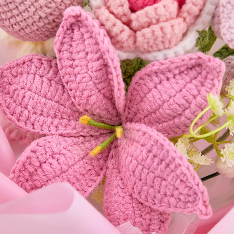 🌸 Handcrafted Crochet Pink Lily & Rose Bouquet – Timeless Blooms That Never Fade