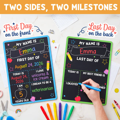 First Day of School Sign Board with Chalk Marker and Flag