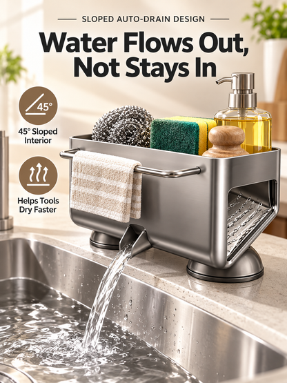 🧽 Auto-Draining Sink Sponge Holder – No-Drill Suction Cup Kitchen Organizer