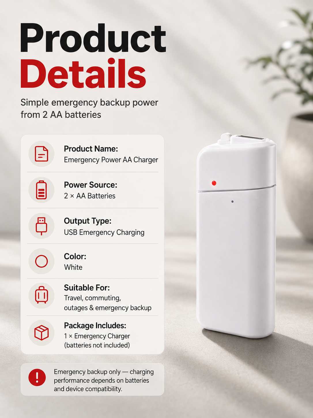 🔋 Emergency Phone Charger – AA Battery Powered USB Backup with LED Flashlight