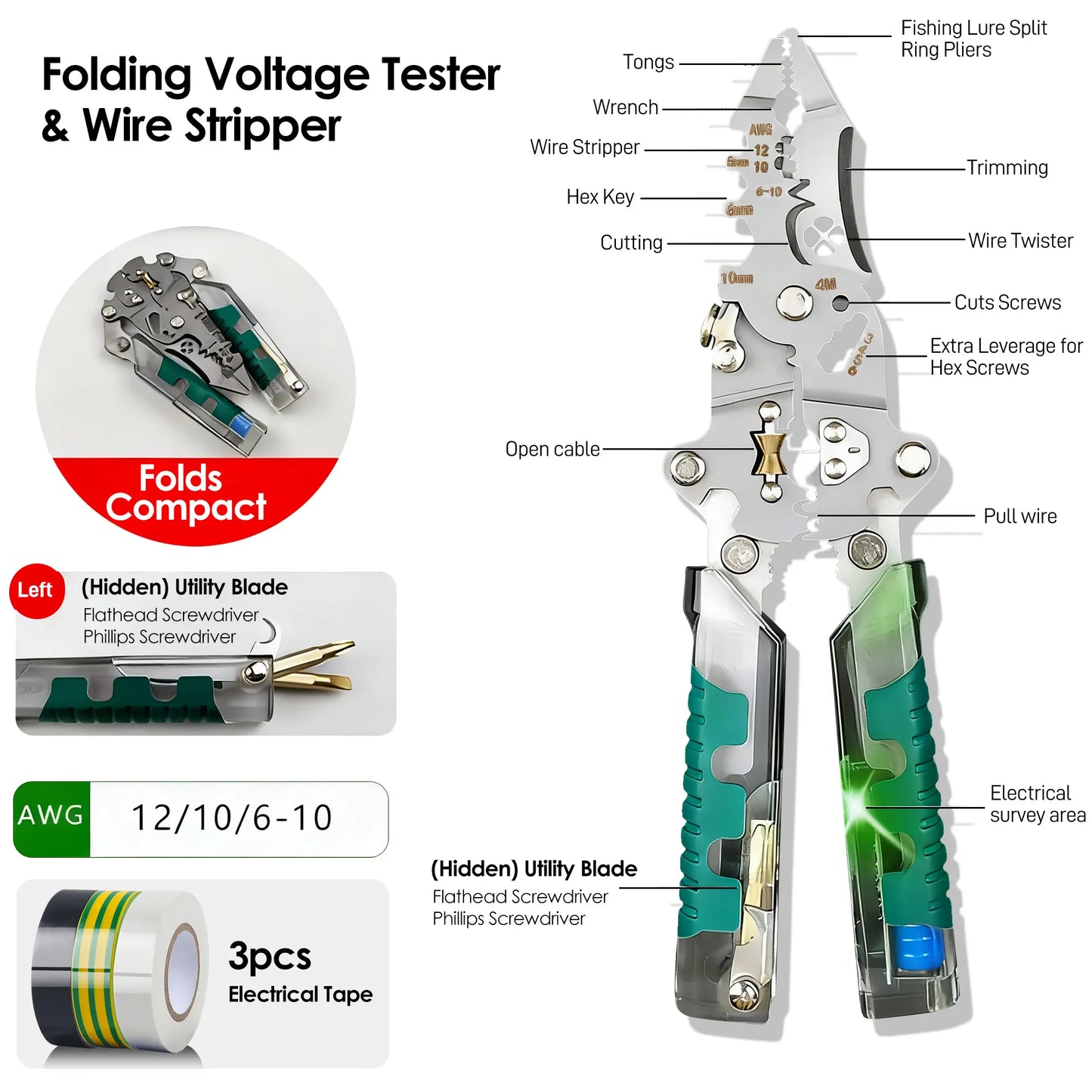 16-in-1 Multi-Function Pliers, Wire Stripper Crimper Cutter with Insulated Grip & Voltage Tester