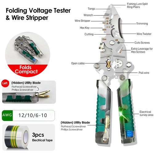 16-in-1 Multi-Function Pliers, Wire Stripper Crimper Cutter with Insulated Grip & Voltage Tester