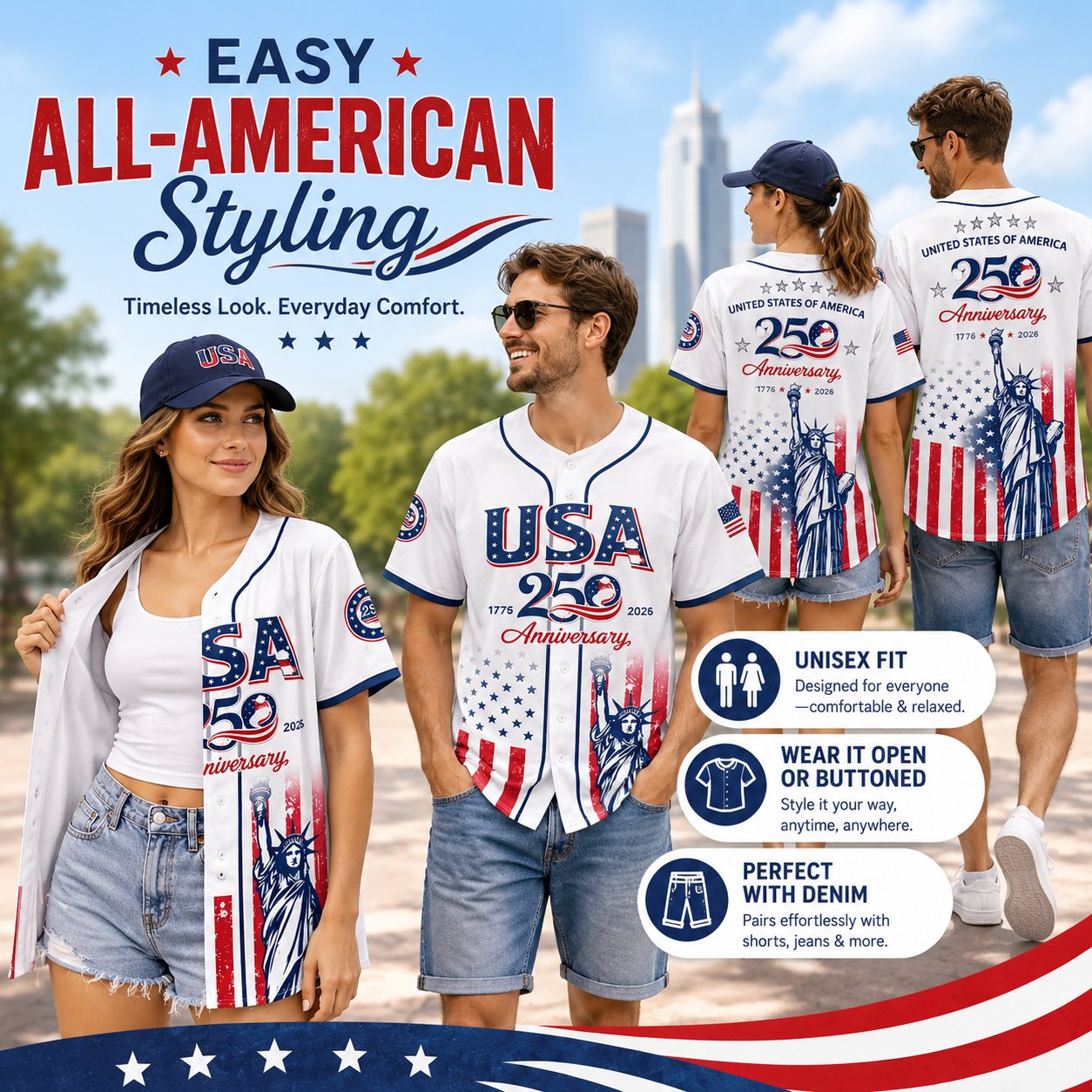 USA 250th Anniversary Baseball Jersey, Patriotic Statue of Liberty Print Shirt, Unisex Independence Day 4th of July Outfit, 1776–2026 Semiquincentennial Patriotic Jersey