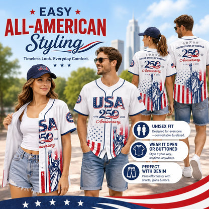USA 250th Anniversary Baseball Jersey, Patriotic Statue of Liberty Print Shirt, Unisex Independence Day 4th of July Outfit, 1776–2026 Semiquincentennial Patriotic Jersey