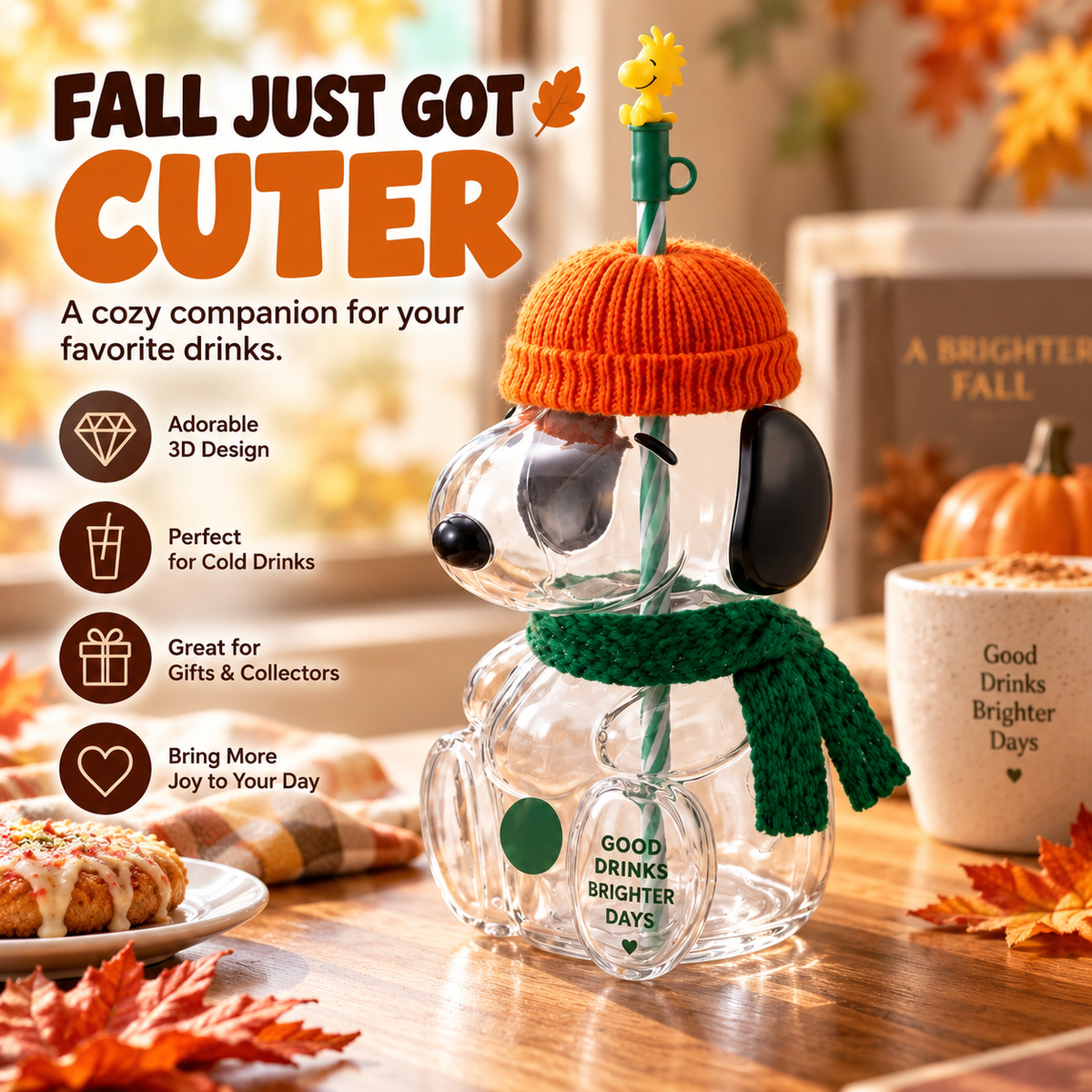 🥤 FALL FAVORITE   | Cute Character Cold Cup – 3D Glass Tumbler with Straw for Iced Coffee, Matcha & Cold Drinks