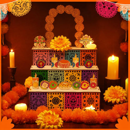💀3‑Tier Wooden Day of the Dead Ofrenda Altar Set, Complete Decor Kit with Skull, Marigolds, Candles & Papel Picado