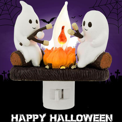 Ghosts Campfire Night Light, Wireless Led Plug in Wall Sconces Flicker Flame Figurine Lamps Halloween Decorations Indoor for Family, Party, Room, Kitchen (1pcs)