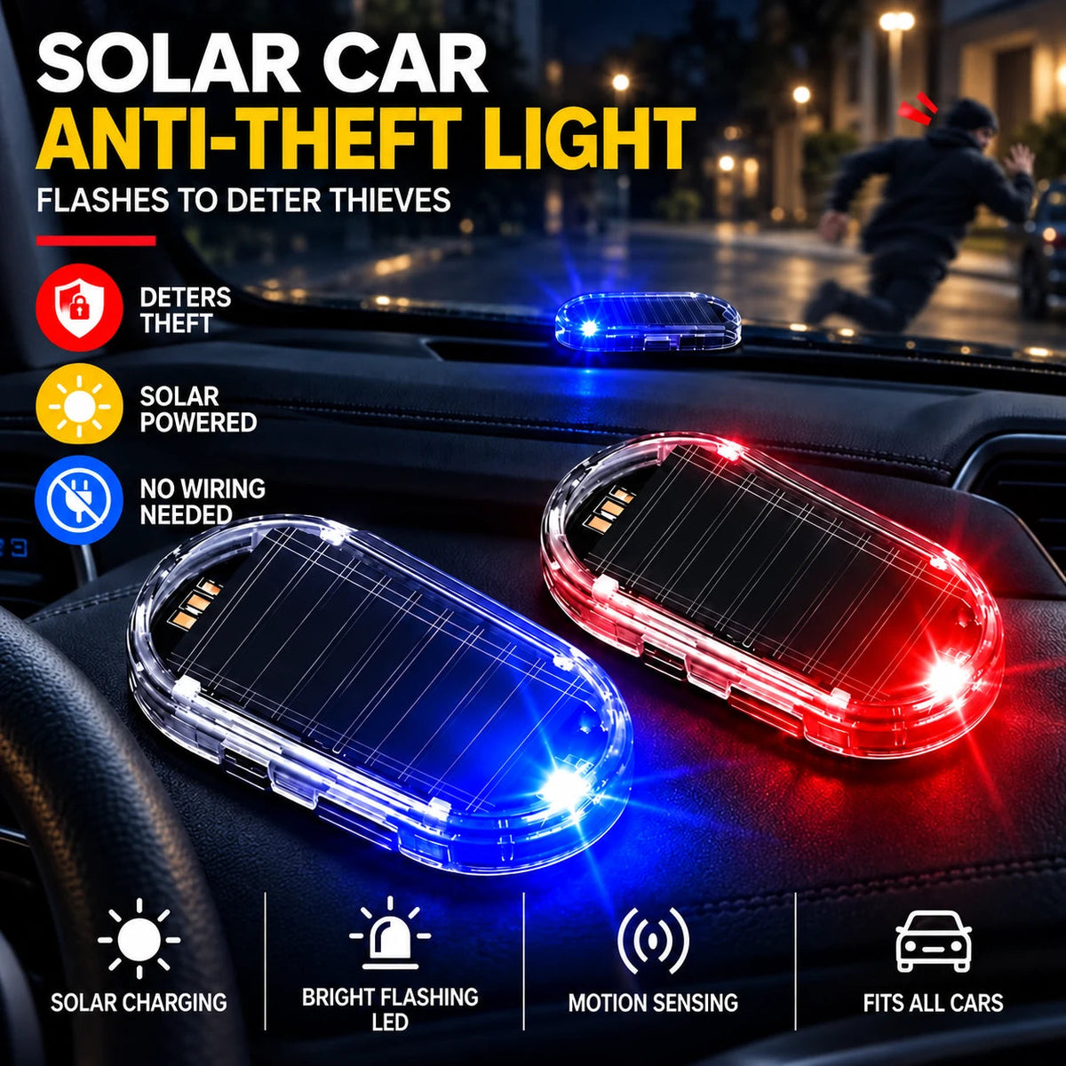 Solar-Powered Anti-Theft Car Alarm & Warning LED Light 🚨