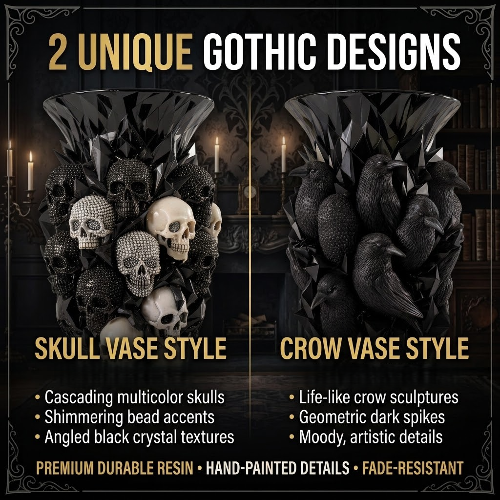 💎💀Gothic Skull & Crow Resin Vase- Halloween Dark Decor Vase
