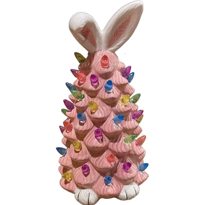 🐰Pink Bunny Tree Easter Decorations, 2026 New Resin Bunny Rabbit Tree with Lights