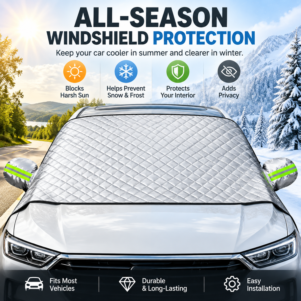 🚗 Magnetic Windshield Cover – All-Season Sun, Snow & Frost Protector for Cars, SUVs & Trucks