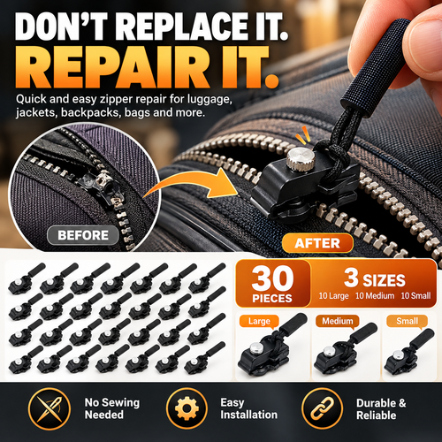 🧥 Replacement Zipper Slider Kit – 30-Piece No-Sew Zipper Fix Set for Jackets, Tents, Pants & Bags