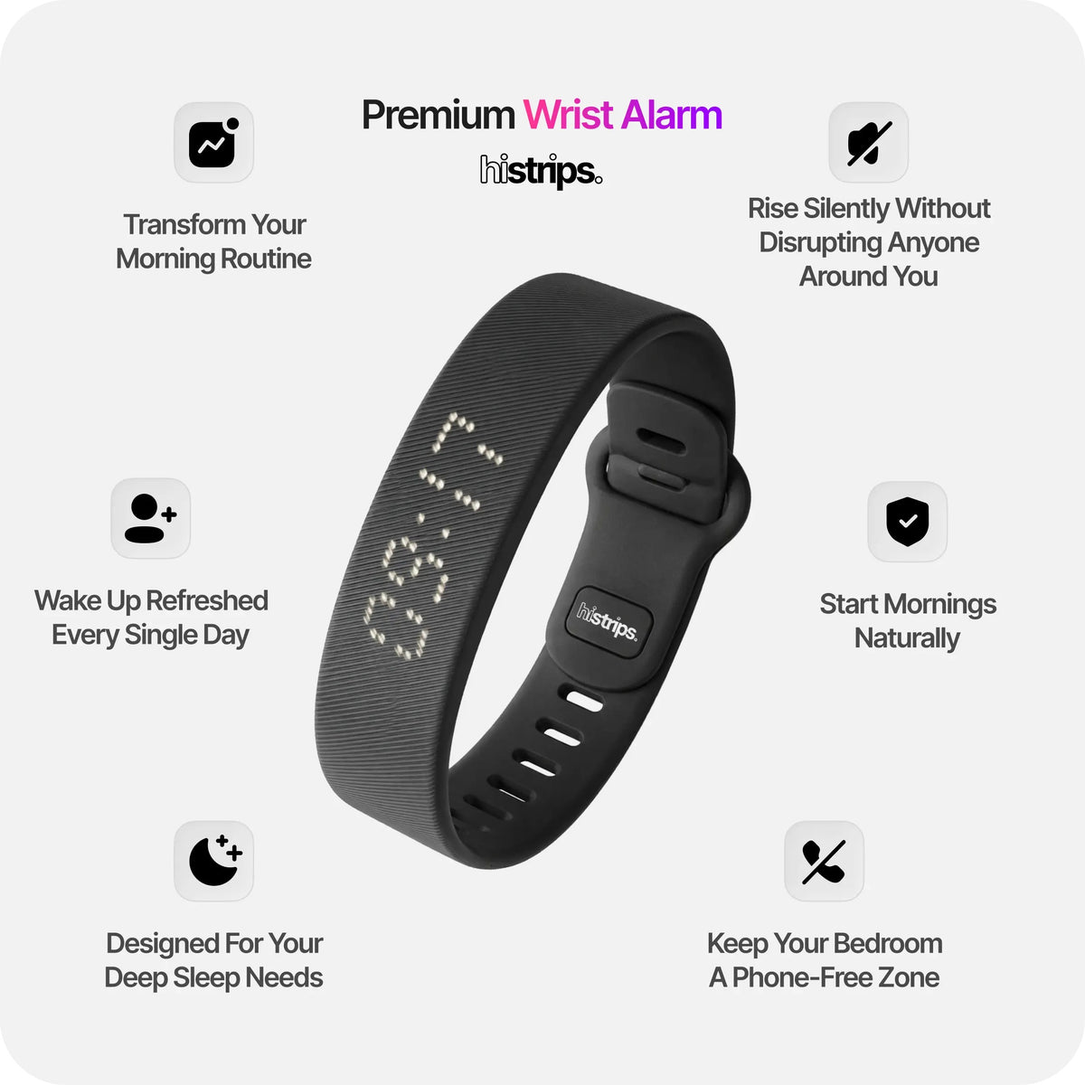 Silent Vibration Alarm Clock - Wrist-Worn Wake-Up Device for Heavy Sleepers, Avoids Disturbing Partners, 2 Intensity Levels, Up to 3 Alarms, 14+ Day Rechargeable Battery