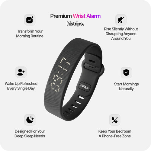 Silent Vibration Alarm Clock - Wrist-Worn Wake-Up Device for Heavy Sleepers, Avoids Disturbing Partners, 2 Intensity Levels, Up to 3 Alarms, 14+ Day Rechargeable Battery