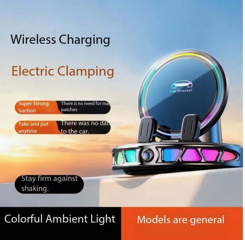 🔋 360° Rotating Wireless Charging Car Phone Mount – RGB Ambient Light, Auto-Lock, Ultra-Stable Suction