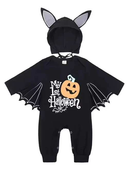 🎃 Baby’s First Halloween Bat Romper – Cute Winged Hooded One-Piece Costume