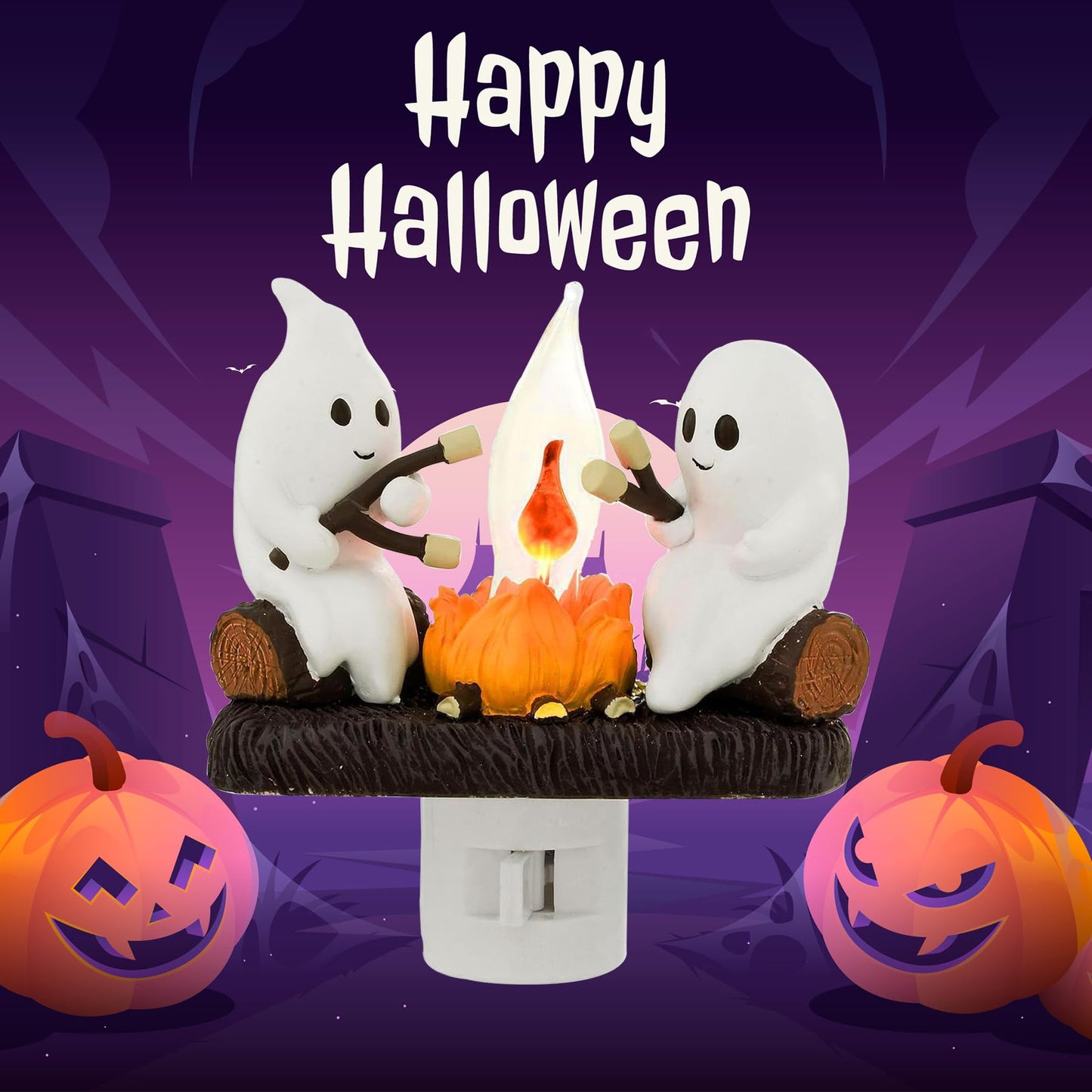 Ghosts Campfire Night Light, Wireless Led Plug in Wall Sconces Flicker Flame Figurine Lamps Halloween Decorations Indoor for Family, Party, Room, Kitchen (1pcs)