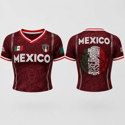 Women's Green V-Neck Football Jersey - Aztec Calendar Pattern Short-Sleeved Fan Top for 5th May Holiday Season