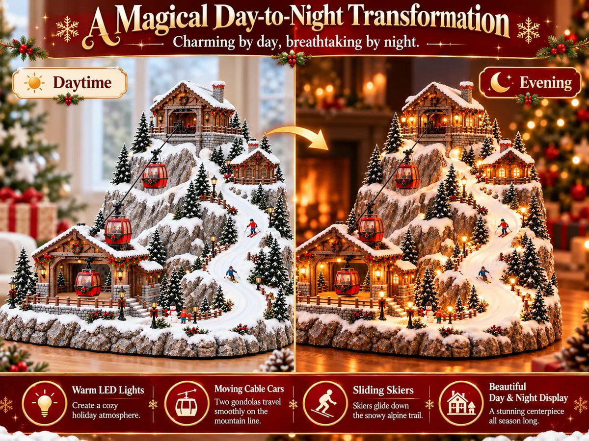 🚡 Animated Christmas Mountain Village – Moving Cable Cars & Skiers 🎄