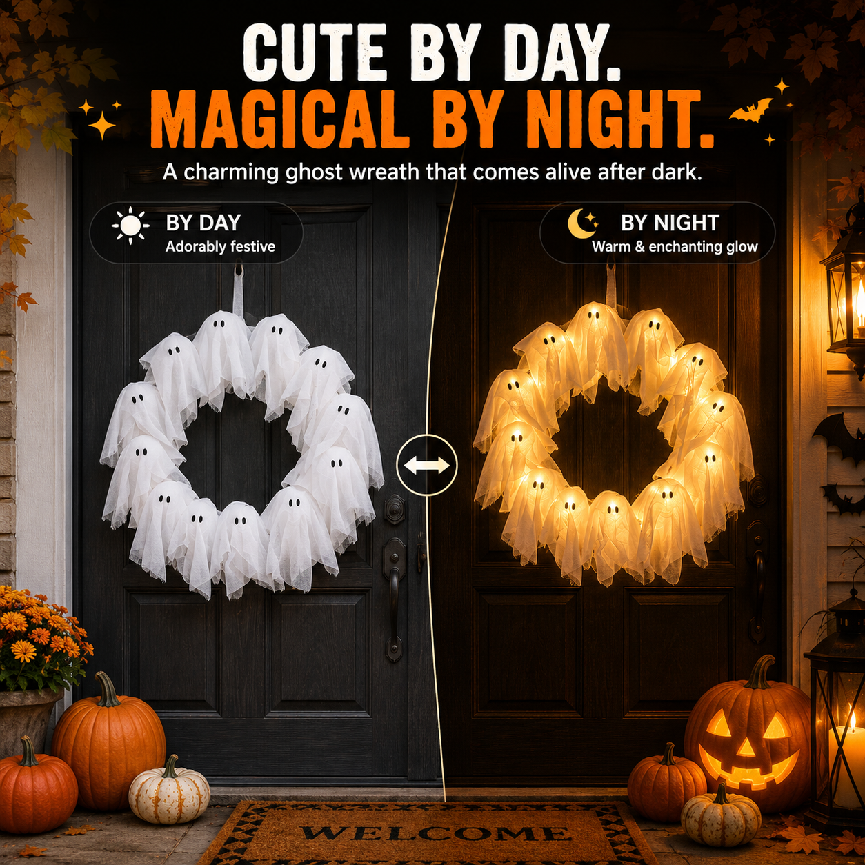 👻 LED Ghost Wreath – 12-Light Halloween Door Decoration