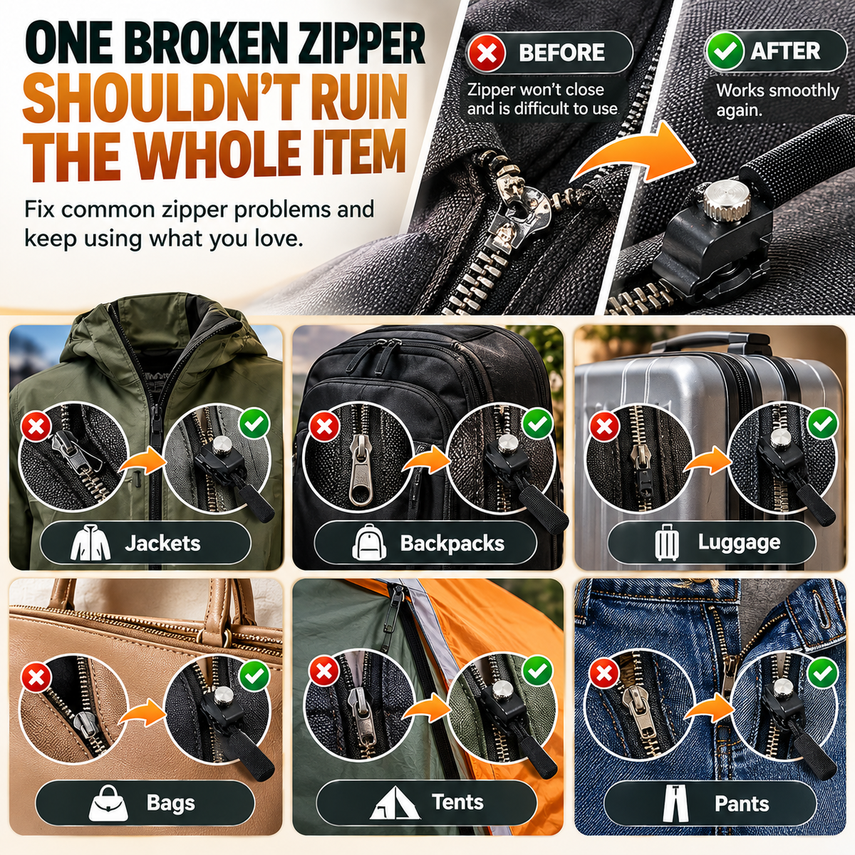 🧥 Replacement Zipper Slider Kit – 30-Piece No-Sew Zipper Fix Set for Jackets, Tents, Pants & Bags