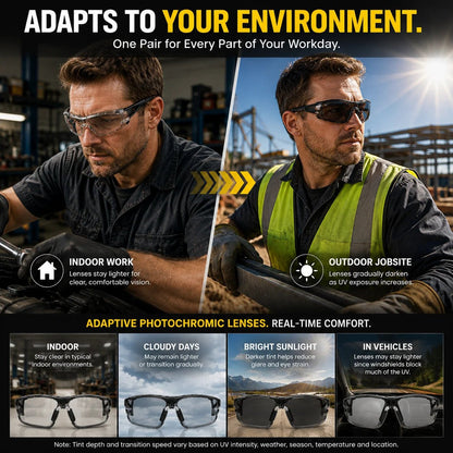 🕶️ Clear Indoors, Tinted Outdoors! Universal Photochromic Safety Glasses for Work & Outdoor ⚡🛡️