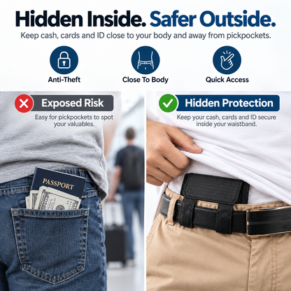 🔒 DISCREET TRAVEL ESSENTIAL | Hidden Belt Pouch – Under-Clothing Passport, Cash & Card Organizer