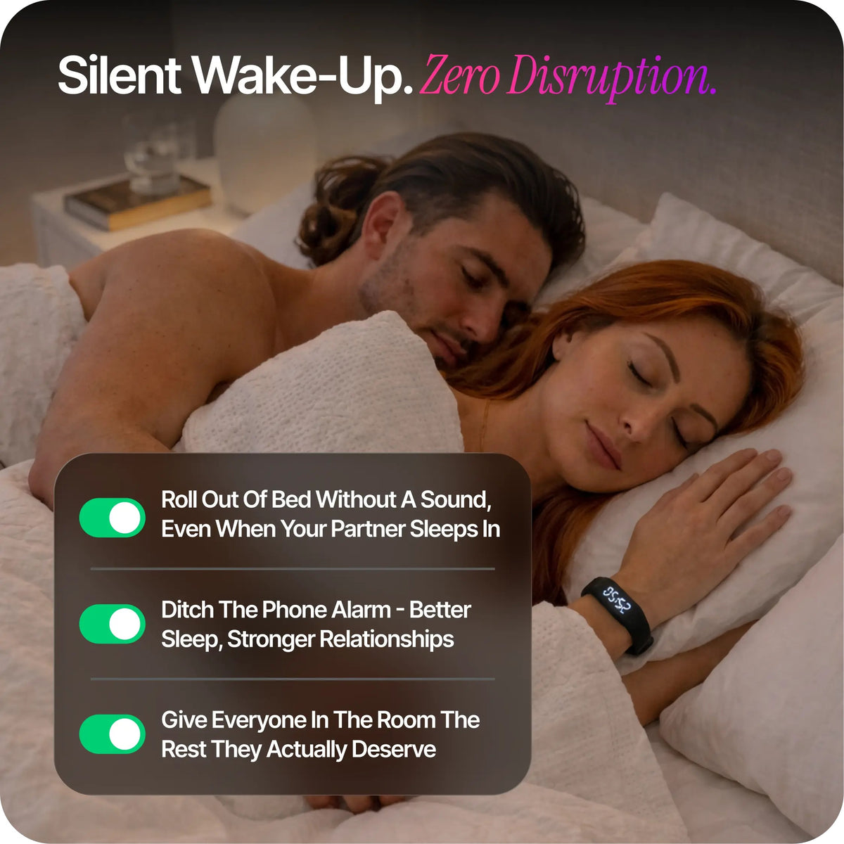 Silent Vibration Alarm Clock - Wrist-Worn Wake-Up Device for Heavy Sleepers, Avoids Disturbing Partners, 2 Intensity Levels, Up to 3 Alarms, 14+ Day Rechargeable Battery