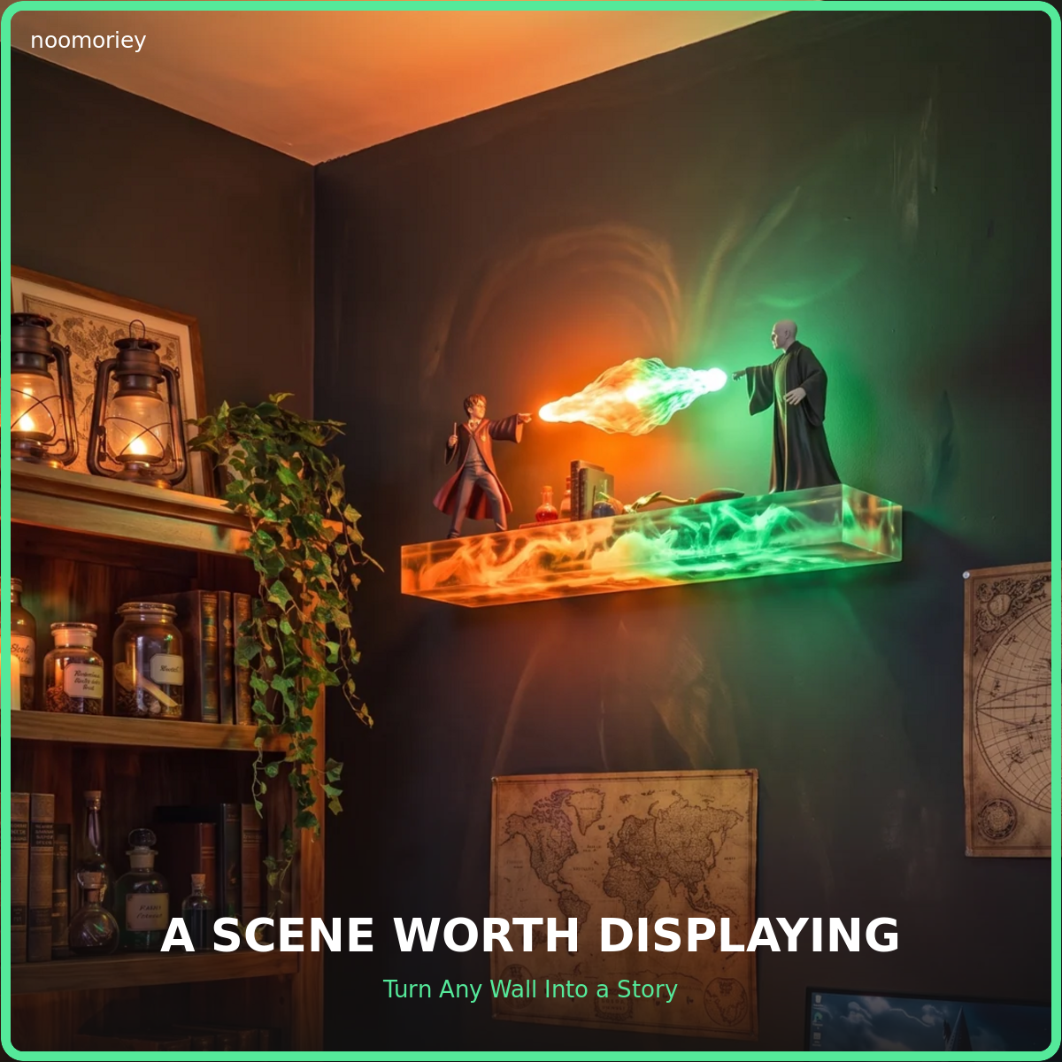 🪄 Illuminated Wizard Duel Wall Shelf – Magical Floating Display for Books & Collectibles