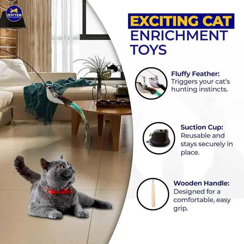💖Cat Toy Wand Auto Interactive Toys for Indoor Cat 8 in 1 Hands-Free Natural Bird Feather Ball Toys