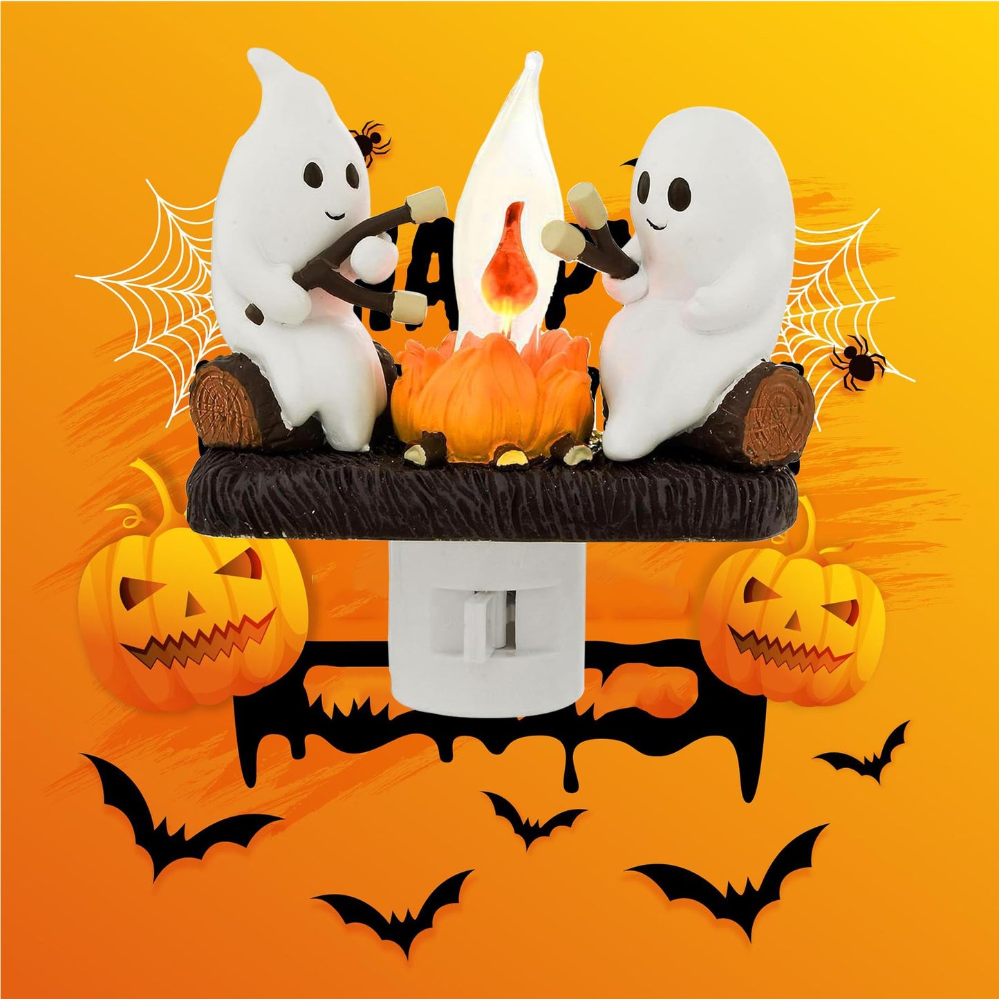Ghosts Campfire Night Light, Wireless Led Plug in Wall Sconces Flicker Flame Figurine Lamps Halloween Decorations Indoor for Family, Party, Room, Kitchen (1pcs)