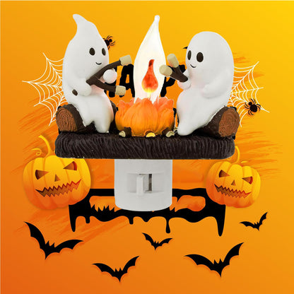 Ghosts Campfire Night Light, Wireless Led Plug in Wall Sconces Flicker Flame Figurine Lamps Halloween Decorations Indoor for Family, Party, Room, Kitchen (1pcs)
