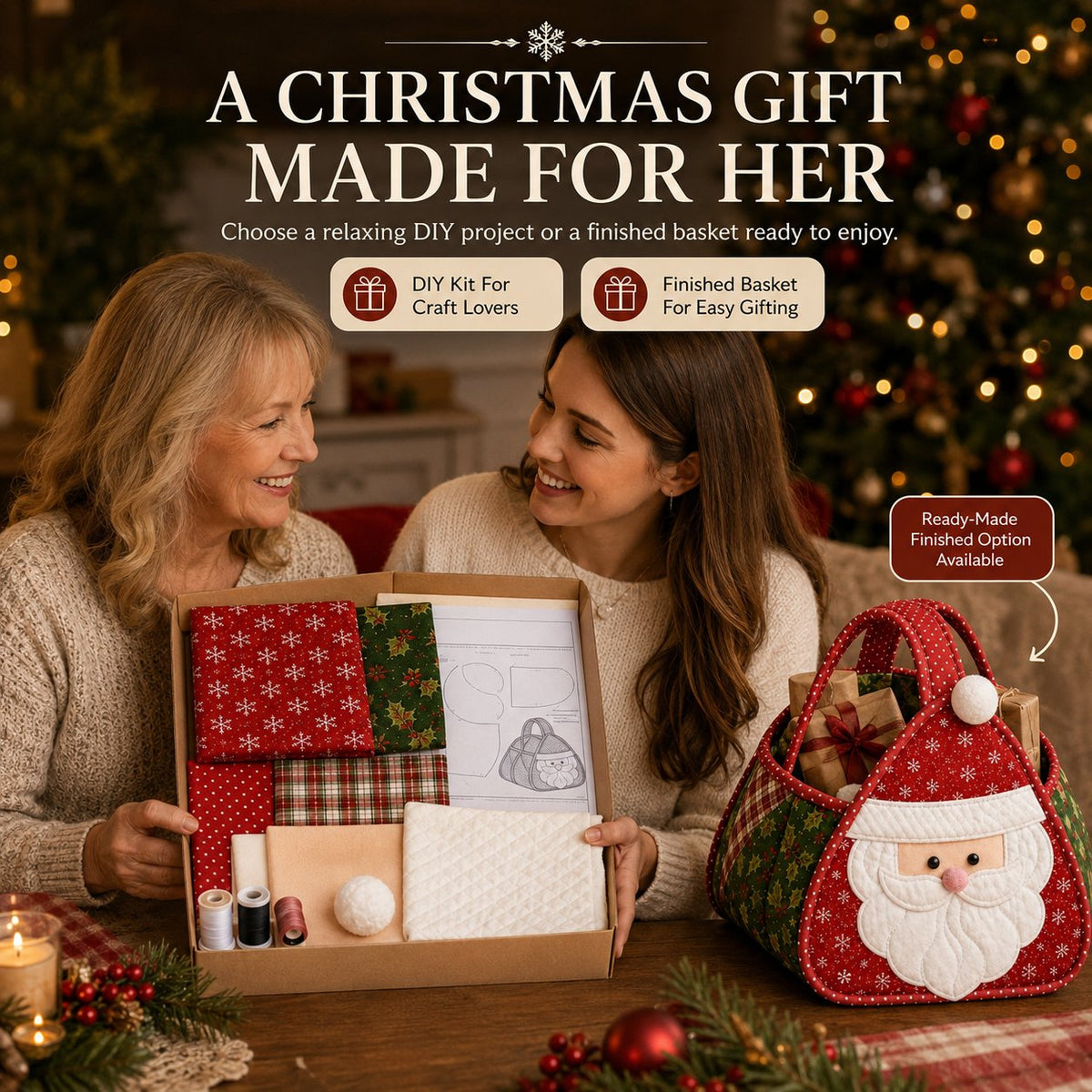 🎄 Christmas Quilted Carry Basket – DIY Sewing Kit & Finished Basket 🎁