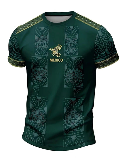 Mexican Aztec Totem Print Loose T-Shirt, Breathable Sports Short Sleeve Athletic T-Shirt, Comfortable Casual Wear, Top for Gym and Daily Use