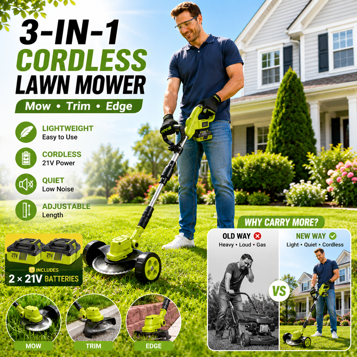 3-in-1 Cordless Lawn Mower | Lightweight Grass Trimmer & Edger | 2×21V Batteries Included