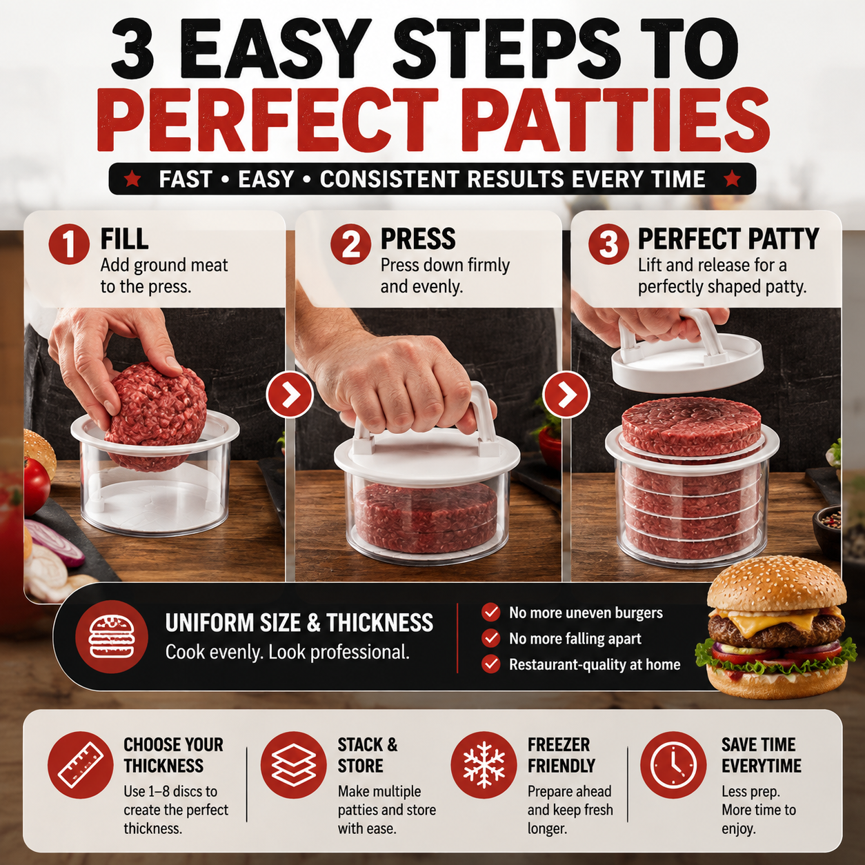 🍔 Burger Patty Press Kit – Make Perfect Homemade Burger Patties Every Time | BBQ Essential