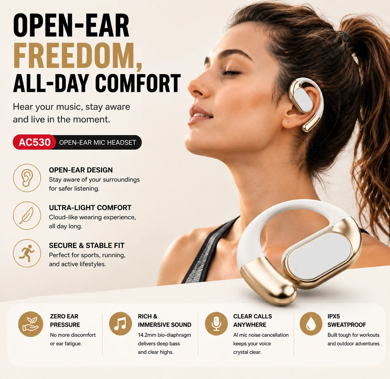🎧 Monster AC530 Open-Ear Headset | 165H Battery, Bluetooth 6.0, Ultra Comfort Wireless Earbuds