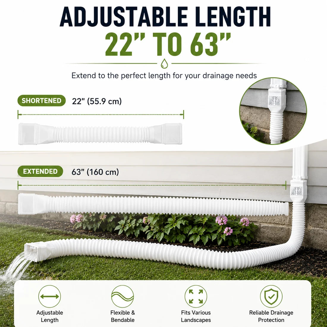 🏡 Flexible Rain Gutter Downspout Extension Kit  – Adjustable 22"-63" Drain Pipe with Leaf Filter for Foundation Protection
