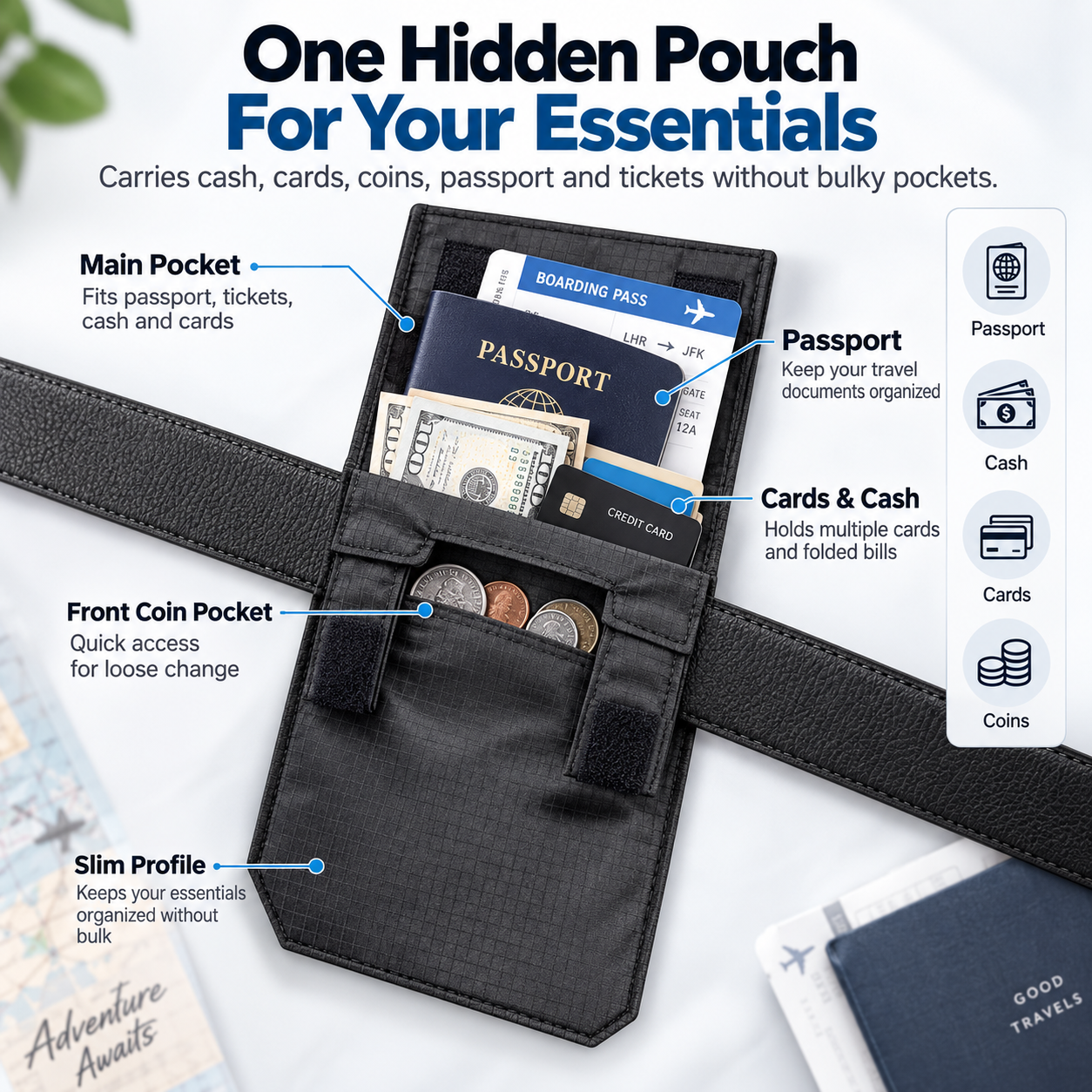 🔒 DISCREET TRAVEL ESSENTIAL | Hidden Belt Pouch – Under-Clothing Passport, Cash & Card Organizer