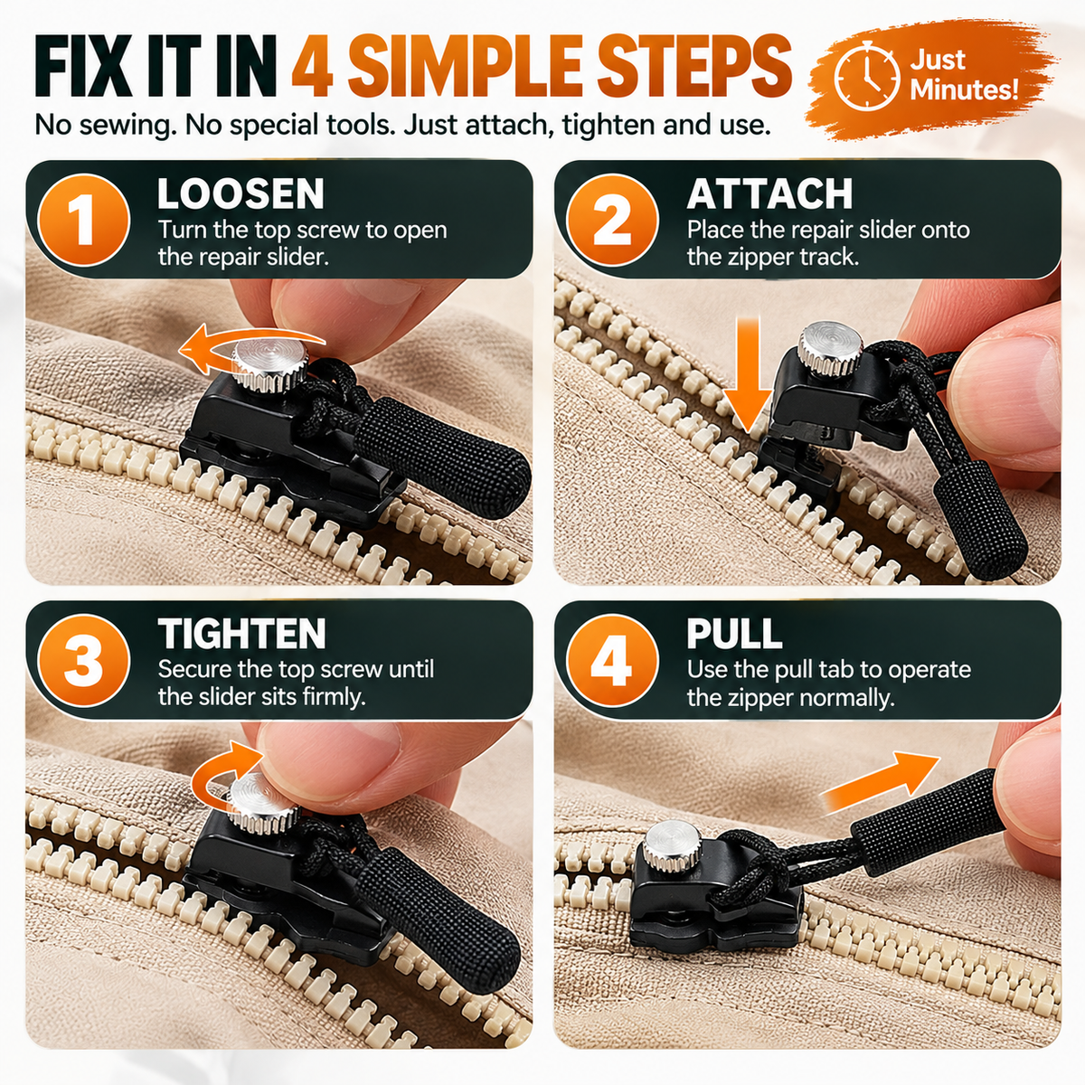 🧥 Replacement Zipper Slider Kit – 30-Piece No-Sew Zipper Fix Set for Jackets, Tents, Pants & Bags