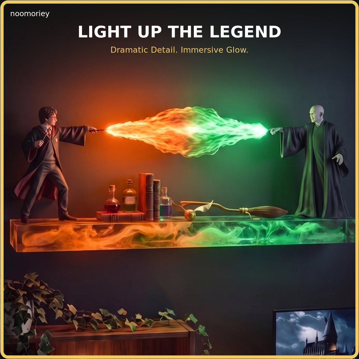 🪄 Illuminated Wizard Duel Wall Shelf – Magical Floating Display for Books & Collectibles