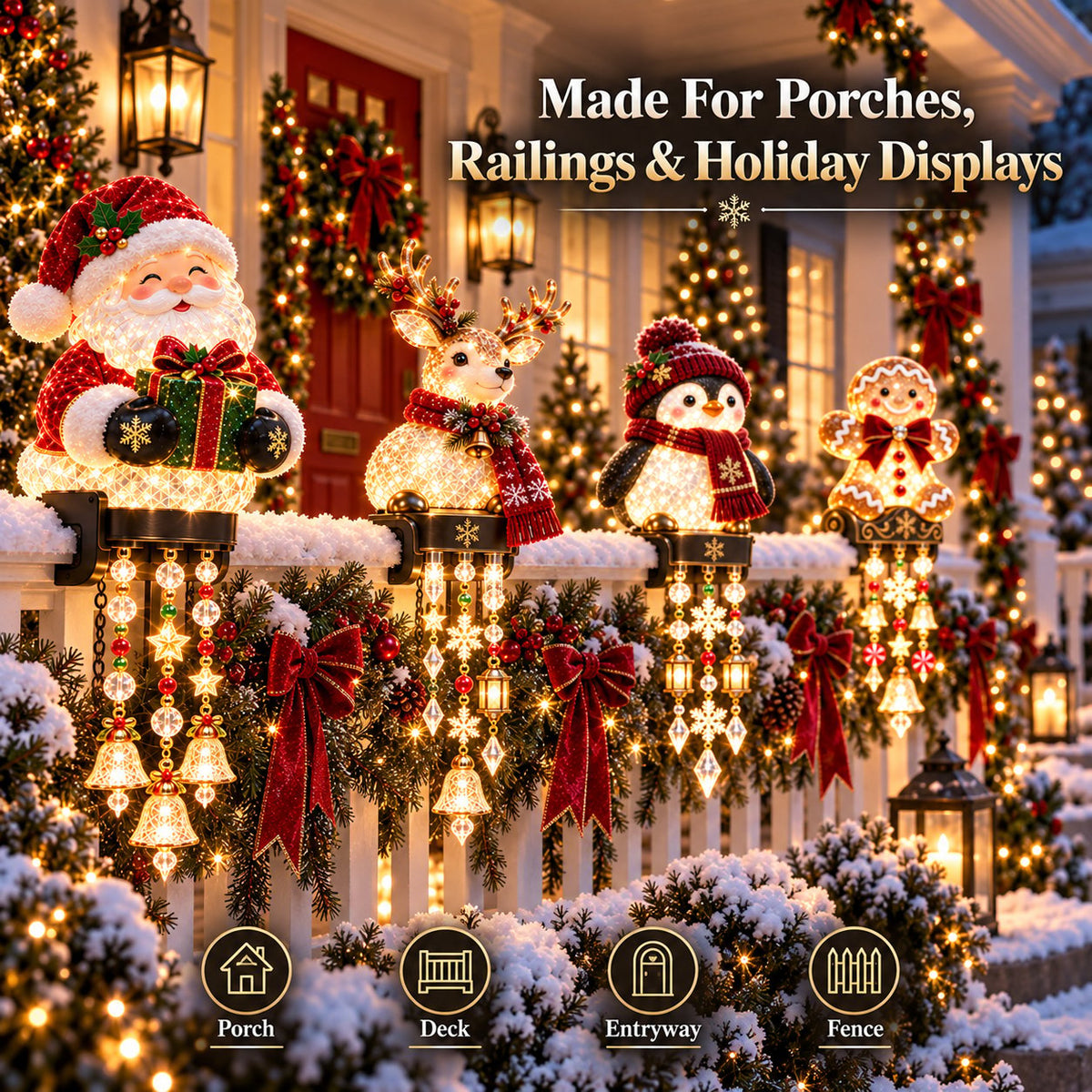 💯🎄 Christmas Porch Railing Lights – 4 Festive Character Designs