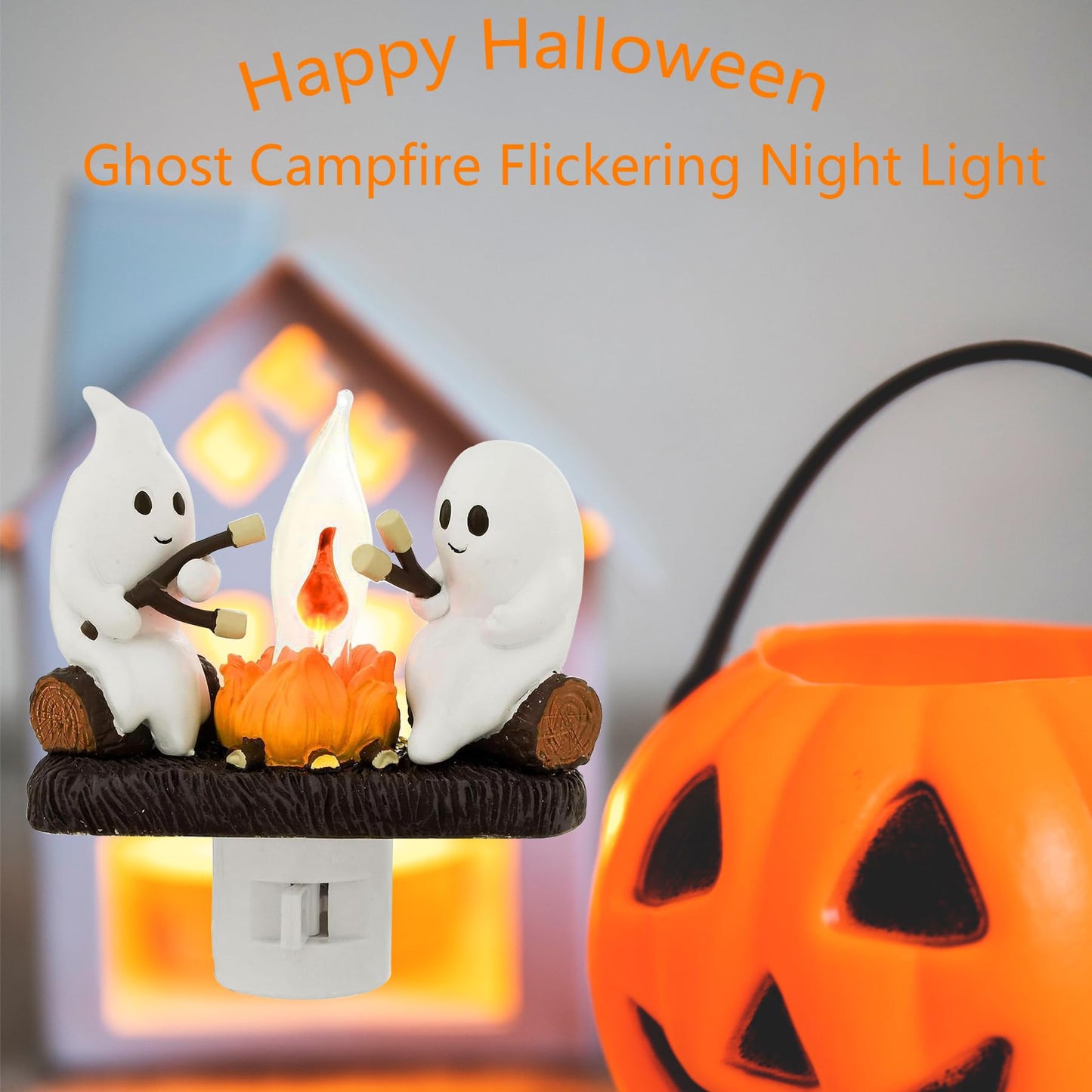 Ghosts Campfire Night Light, Wireless Led Plug in Wall Sconces Flicker Flame Figurine Lamps Halloween Decorations Indoor for Family, Party, Room, Kitchen (1pcs)