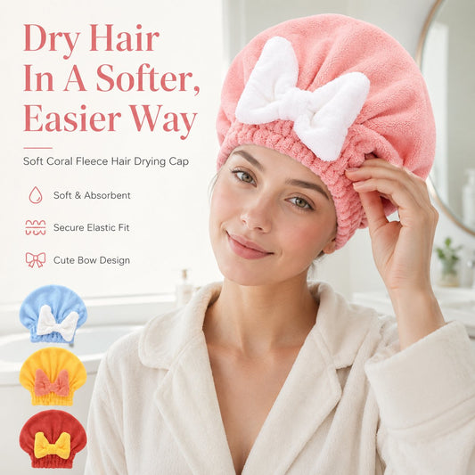Women's Bow Decor Shower Caps & Hair Drying Cap Set, Soft Ultra-Absorbent Reusable Hair Towel Wrap, Camping & Bathroom Essential (Sports & Outdoor)