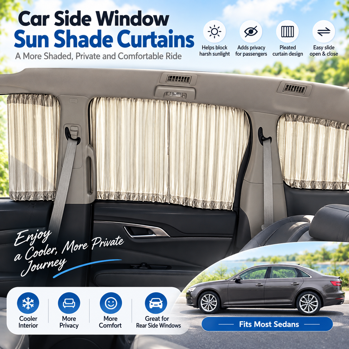 🚗 Pleated Car Window Sun Shade Curtains – Adjustable Rear Seat Privacy & Sun Protection