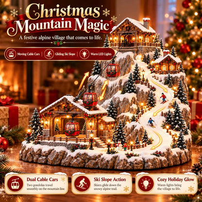🚡 Animated Christmas Mountain Village – Moving Cable Cars & Skiers 🎄