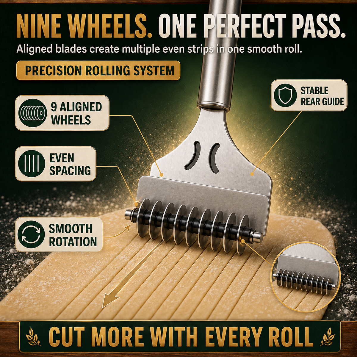 🍝 Stainless Steel 9-Wheel Adjustable Pasta Cutter – Fast & Even Homemade Noodles ✨